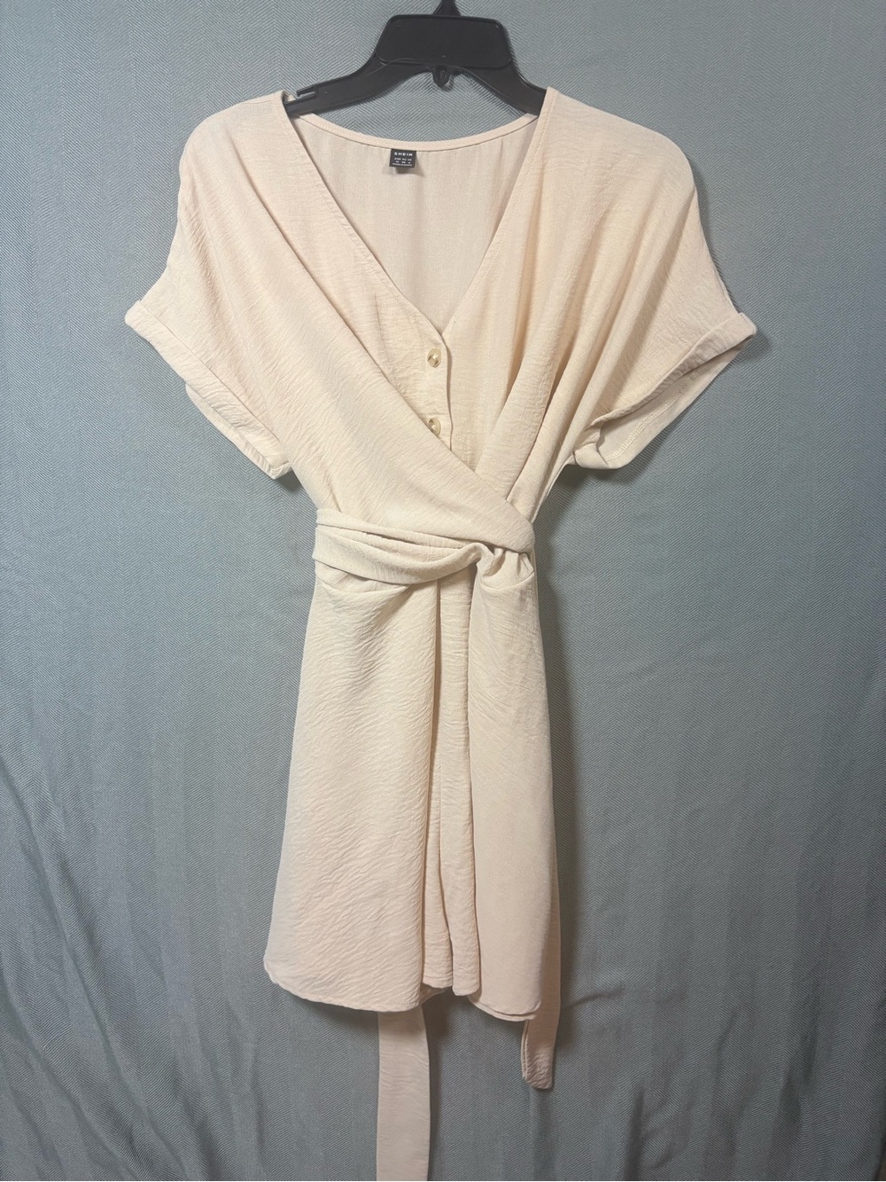 SHEIN Cream Short Sleeve Wrap Romper with Tie